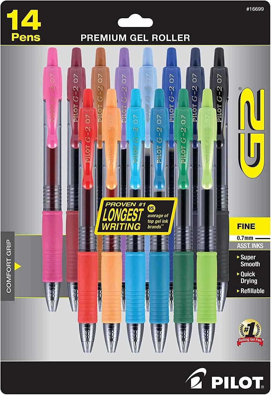 Pilot, G2 Premium Gel Roller Pens, Fine Point 0.7 mm, Assorted Colors, Pack of 14