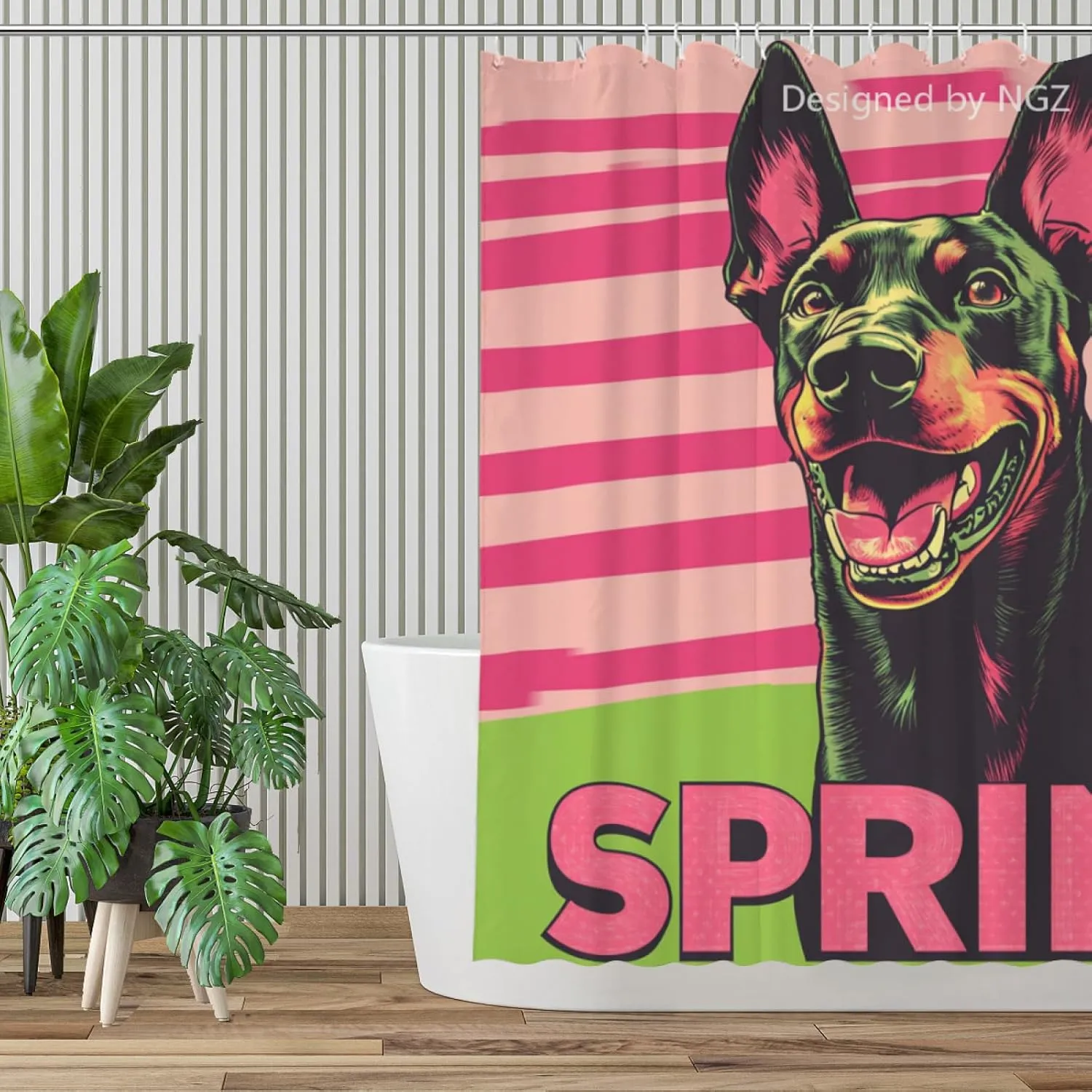 Pink and Green Spring Shower Curatin, 72 X 72 Inches Doberman Shower Curtain Set with 12 Hooks for Bathroom Spring Decor