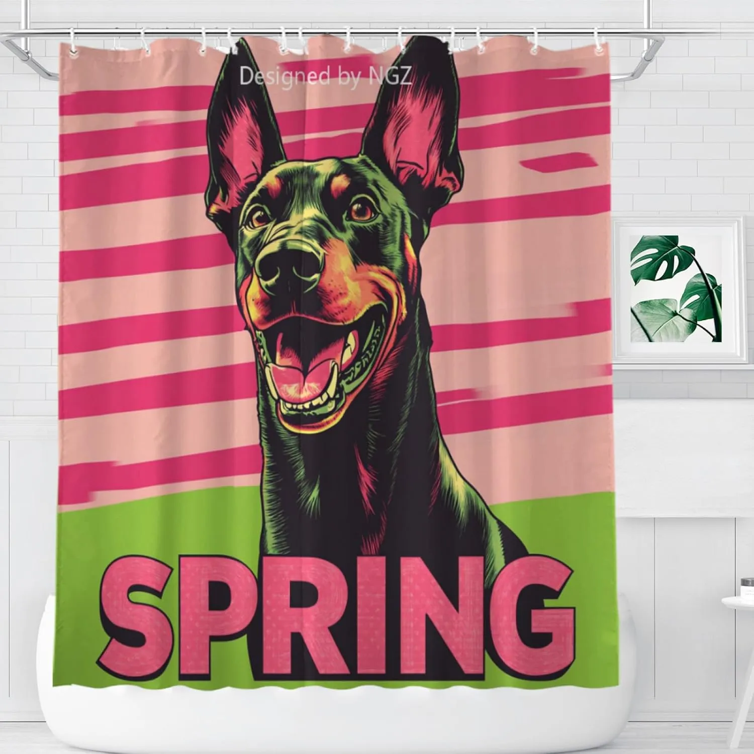Pink and Green Spring Shower Curatin, 72 X 72 Inches Doberman Shower Curtain Set with 12 Hooks for Bathroom Spring Decor