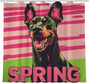 Pink and Green Spring Shower Curatin, 72 X 72 Inches Doberman Shower Curtain Set with 12 Hooks for Bathroom Spring Decor