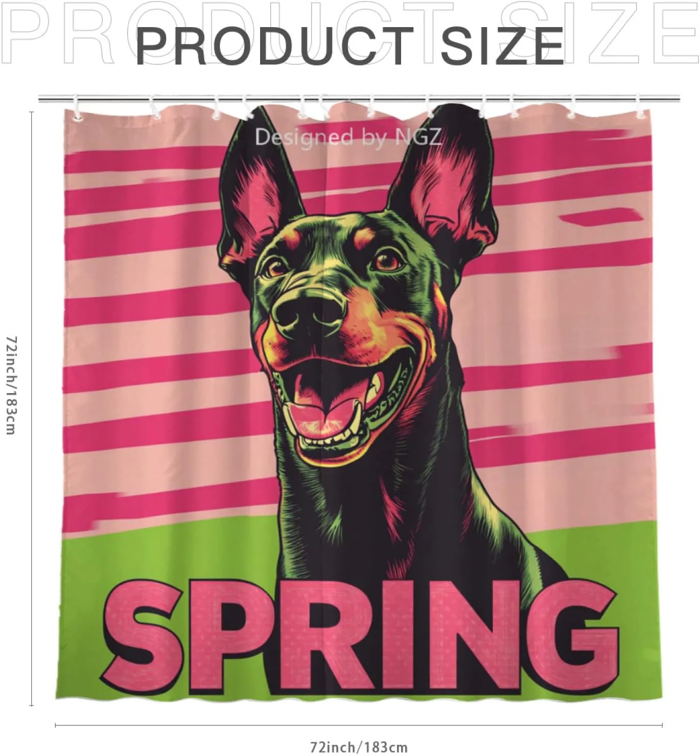 Pink and Green Spring Shower Curatin, 72 X 72 Inches Doberman Shower Curtain Set with 12 Hooks for Bathroom Spring Decor