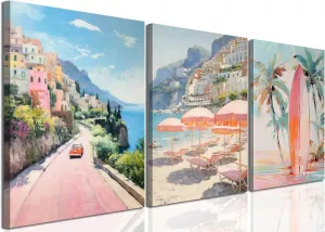 Pink Beach Wall Art Set of 3, Preppy Coastal Wall Decor Paintings, Italy Amalfi Coast Poster Canvas Prints, Beachy Surf Pictures Aesthetic for Teen Girls Bedroom Living Room Dorm 12x16 inch Framed