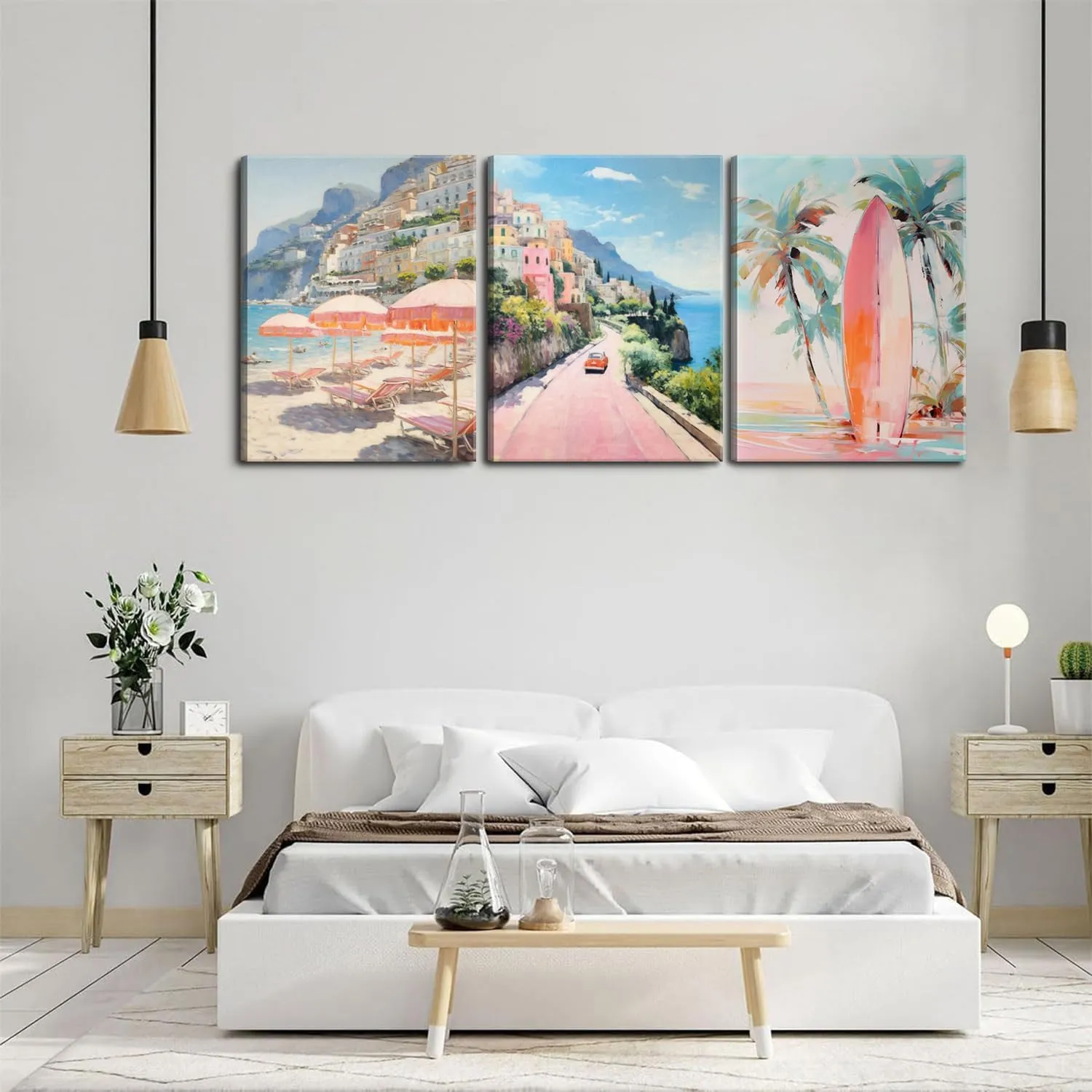Pink Beach Wall Art Set of 3, Preppy Coastal Wall Decor Paintings, Italy Amalfi Coast Poster Canvas Prints, Beachy Surf Pictures Aesthetic for Teen Girls Bedroom Living Room Dorm 12x16 inch Framed