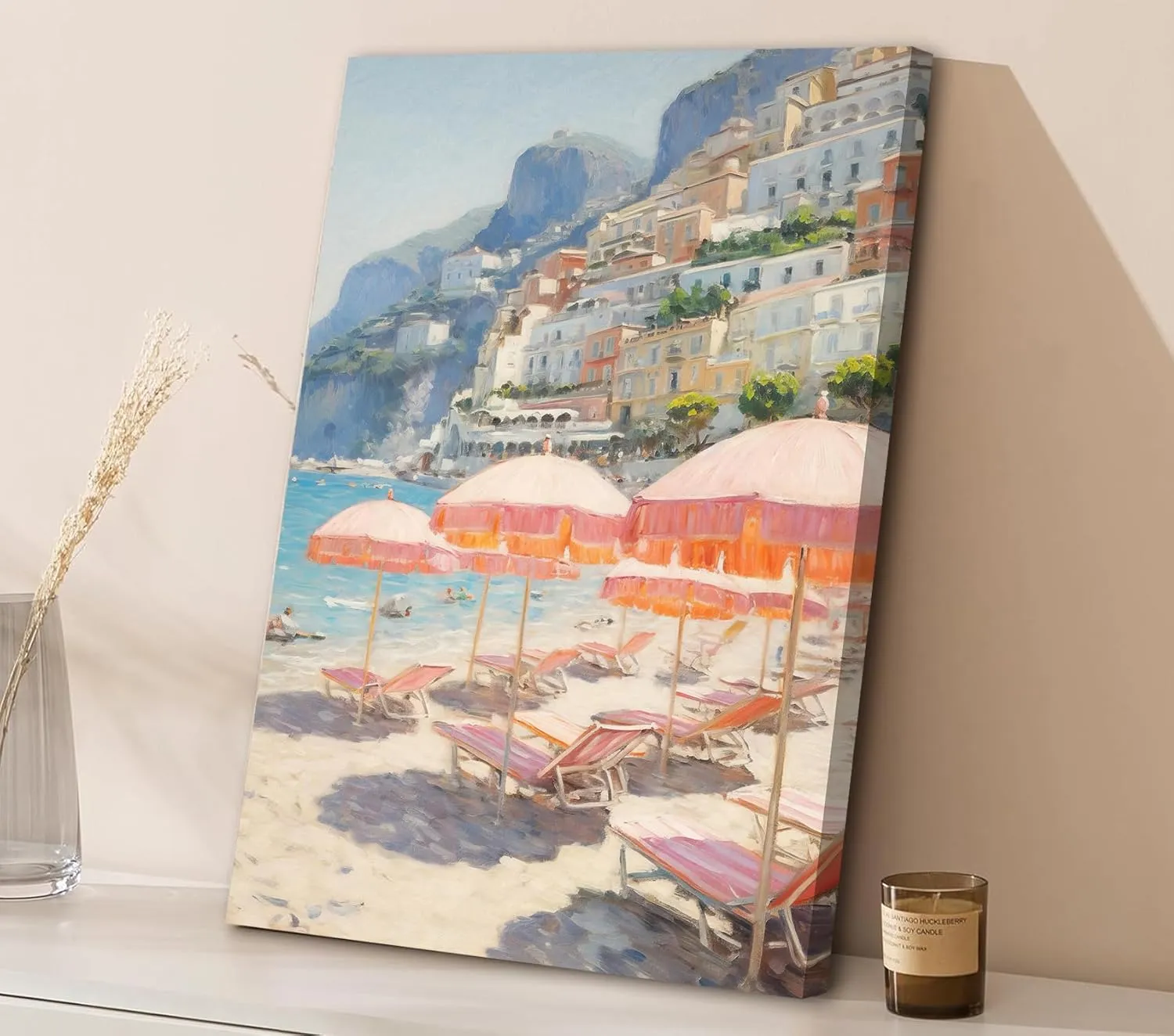 Pink Beach Wall Art Set of 3, Preppy Coastal Wall Decor Paintings, Italy Amalfi Coast Poster Canvas Prints, Beachy Surf Pictures Aesthetic for Teen Girls Bedroom Living Room Dorm 12x16 inch Framed