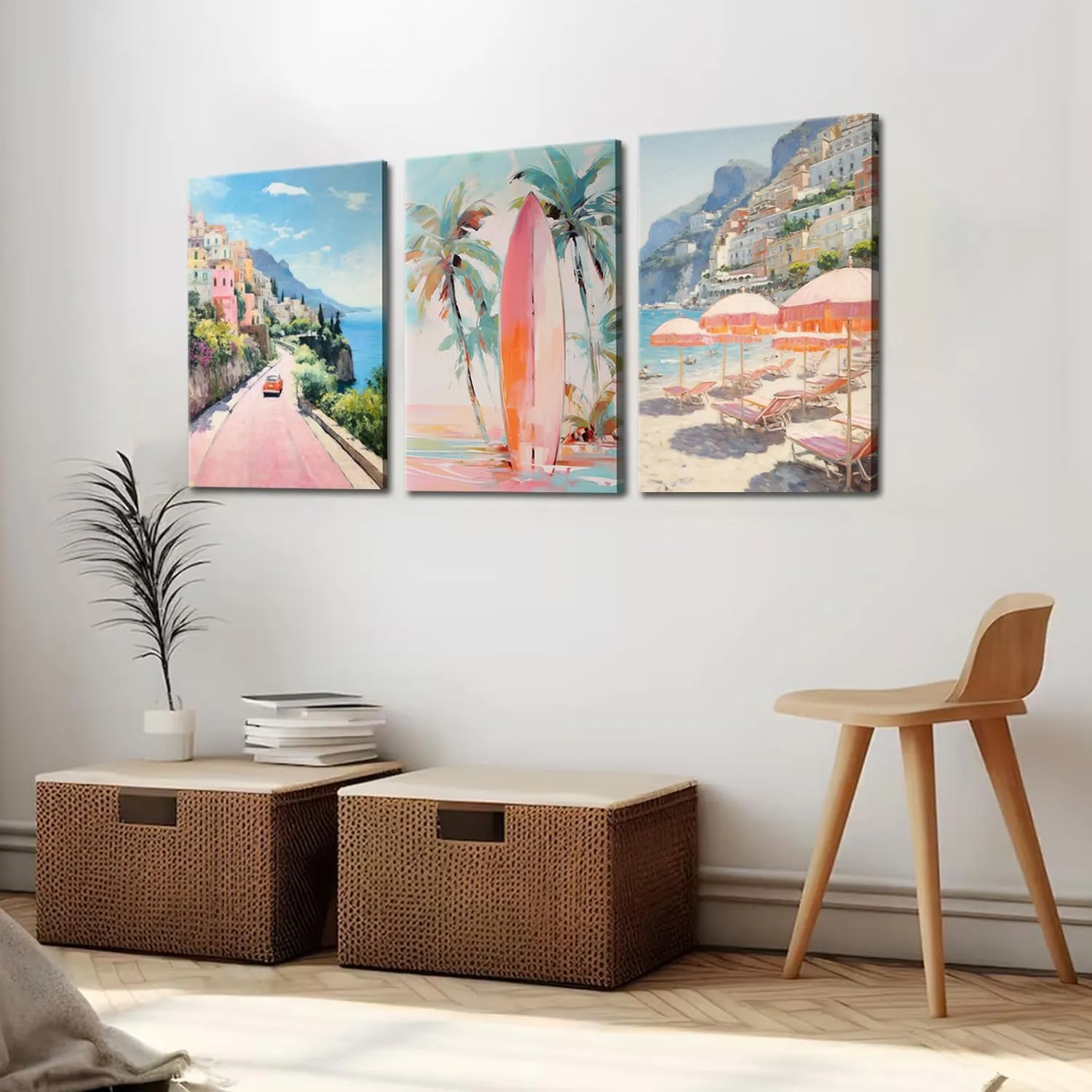 Pink Beach Wall Art Set of 3, Preppy Coastal Wall Decor Paintings, Italy Amalfi Coast Poster Canvas Prints, Beachy Surf Pictures Aesthetic for Teen Girls Bedroom Living Room Dorm 12x16 inch Framed