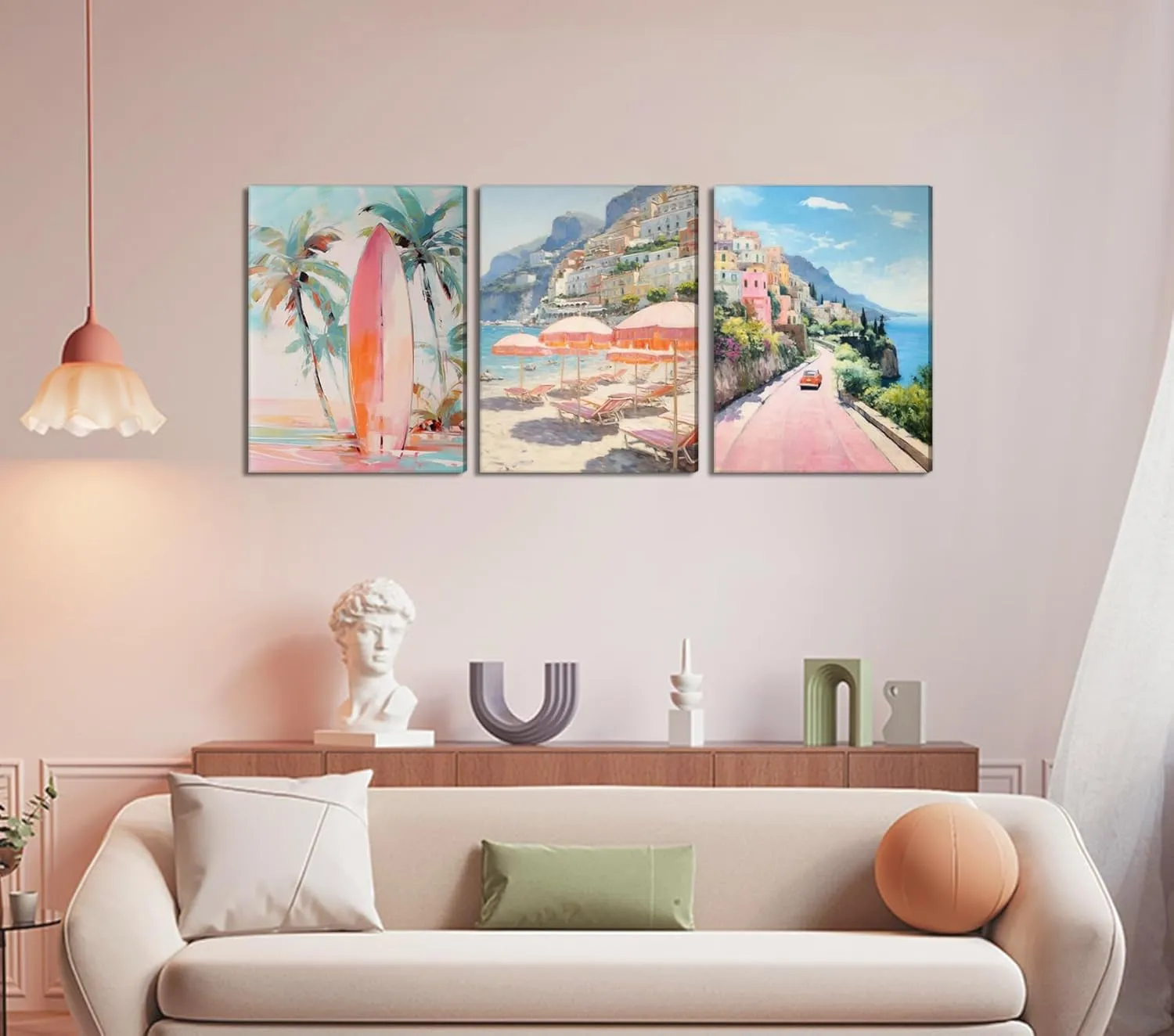 Pink Beach Wall Art Set of 3, Preppy Coastal Wall Decor Paintings, Italy Amalfi Coast Poster Canvas Prints, Beachy Surf Pictures Aesthetic for Teen Girls Bedroom Living Room Dorm 12x16 inch Framed