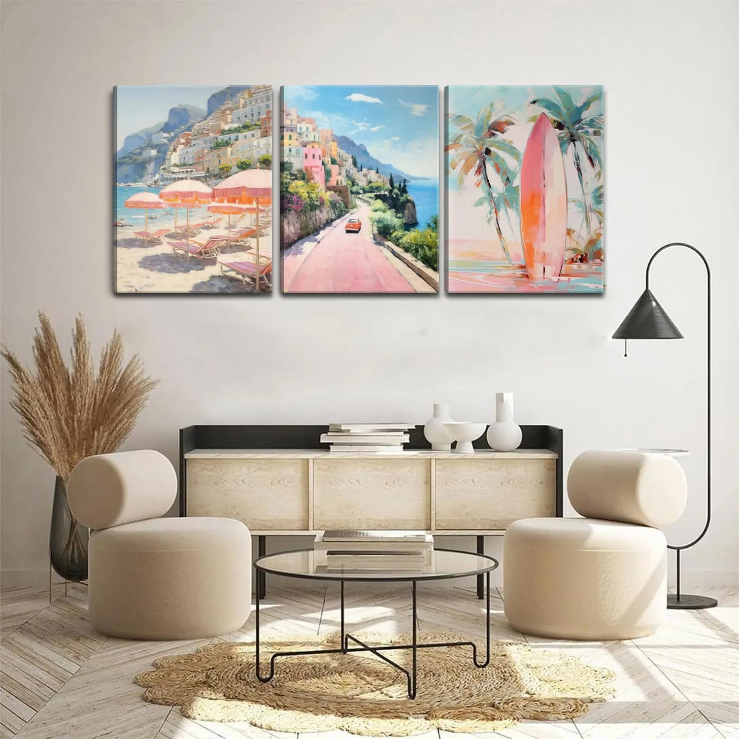 Pink Beach Wall Art Set of 3, Preppy Coastal Wall Decor Paintings, Italy Amalfi Coast Poster Canvas Prints, Beachy Surf Pictures Aesthetic for Teen Girls Bedroom Living Room Dorm 12x16 inch Framed