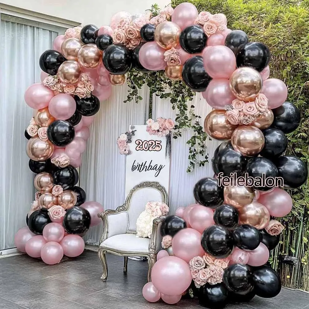 Pink Black Balloon Arch Kit - Double Stuffed Pastel Pearl Baby Pink Balloon Garland with Champagne Rose Gold Balloons for Birthday Bridal Baby Shower Wedding Graduation Party Decoration