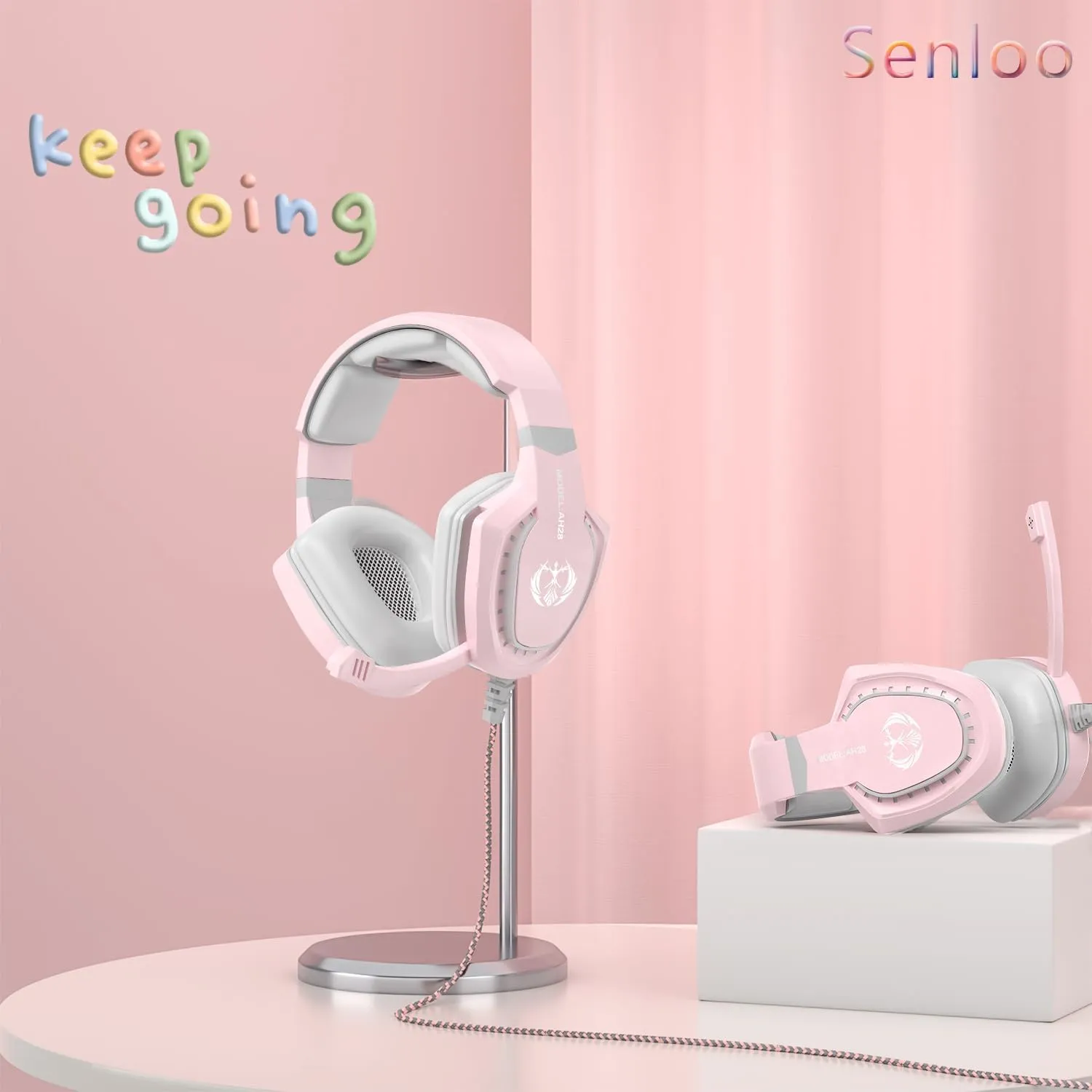 Pink Gaming Headset with Mic for PC Computer Mac Laptop, Over-Ear Wired Gaming Headphones with Microphone, Volume Control, Compatible with PS4 Xbox PS5 Controller Phone
