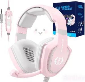 Pink Gaming Headset with Mic for PC Computer Mac Laptop, Over-Ear Wired Gaming Headphones with Microphone, Volume Control, Compatible with PS4 Xbox PS5 Controller Phone