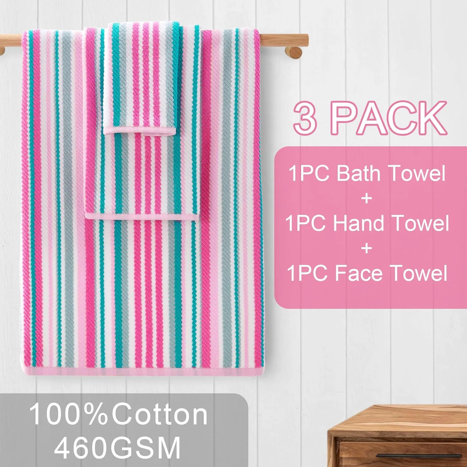 Pink Soft Towel Set (3PC, 100% Cotton), 1 Bath 28"x52", 1 Hand 16"x27", 1 Wash Cloth 13"x13, Quick Dry Towels with Hanging Loop, Striped Absorbent Towels Set for Bathroom & Guest, Pink and Aqua Stripe