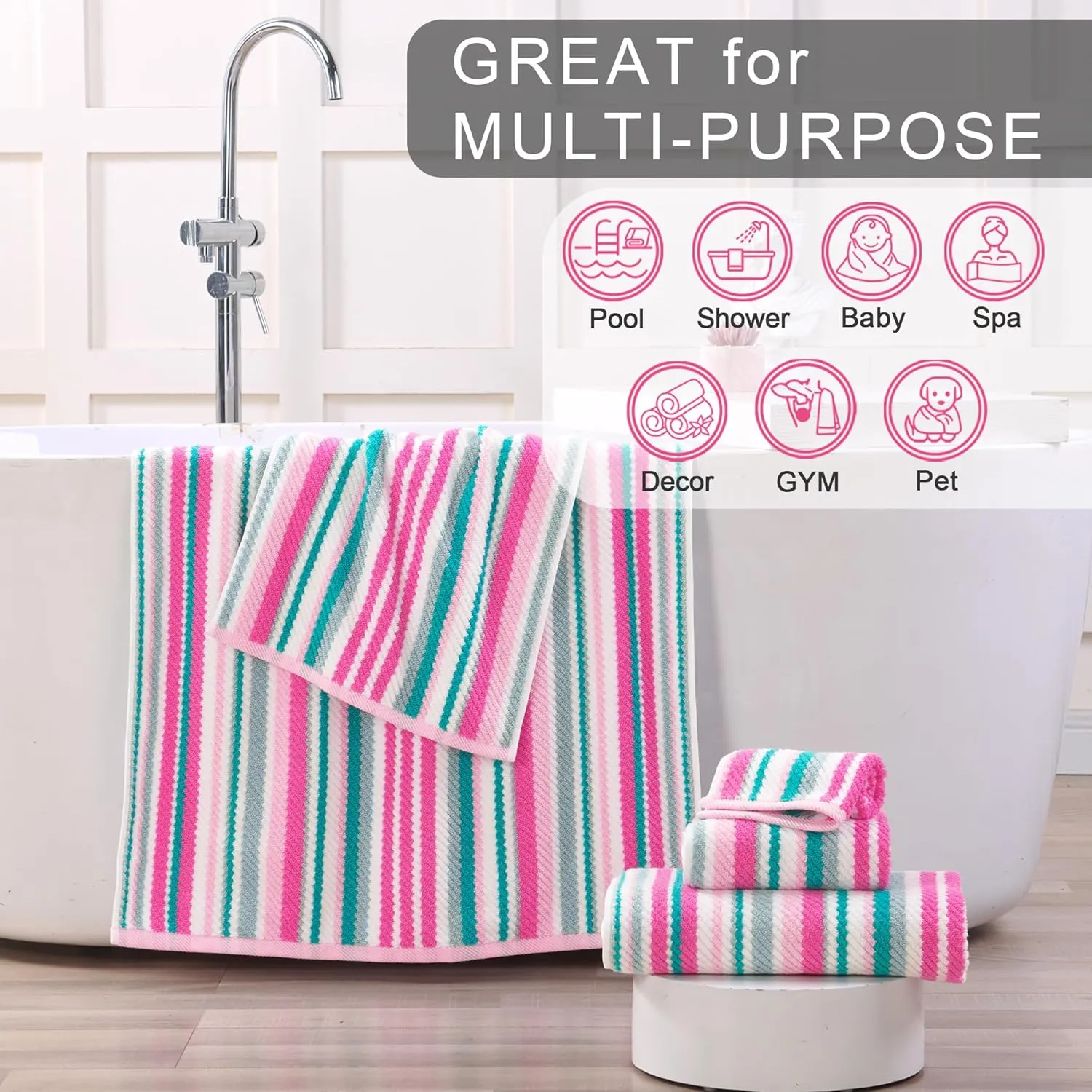 Pink Soft Towel Set (3PC, 100% Cotton), 1 Bath 28"x52", 1 Hand 16"x27", 1 Wash Cloth 13"x13, Quick Dry Towels with Hanging Loop, Striped Absorbent Towels Set for Bathroom & Guest, Pink and Aqua Stripe