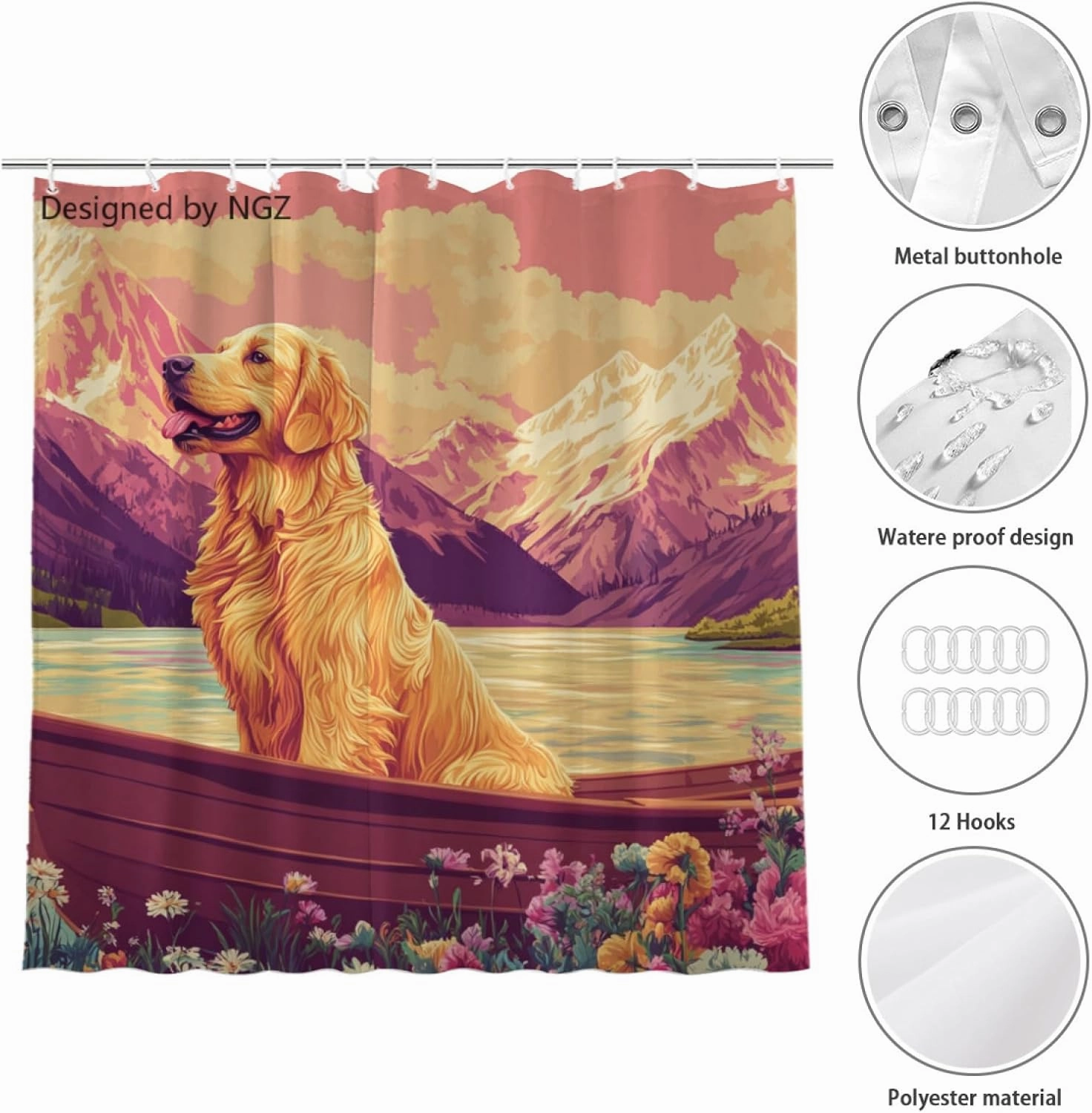 Pink Golden Retriever Shower Curtain, Mountain and Lake Art Painting Curtain, 72x72 Inches Shower Curtains for Bathroom, Snow Fabric Bath Curtains Set with 12 Hooks