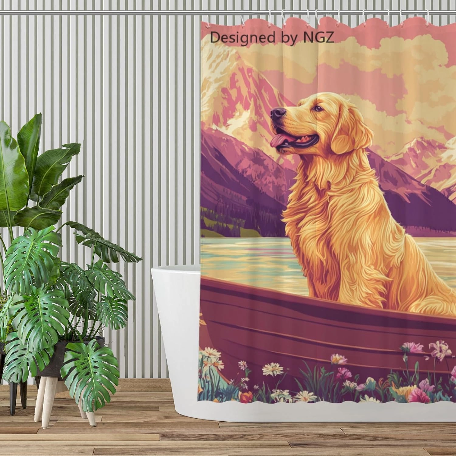 Pink Golden Retriever Shower Curtain, Mountain and Lake Art Painting Curtain, 72x72 Inches Shower Curtains for Bathroom, Snow Fabric Bath Curtains Set with 12 Hooks