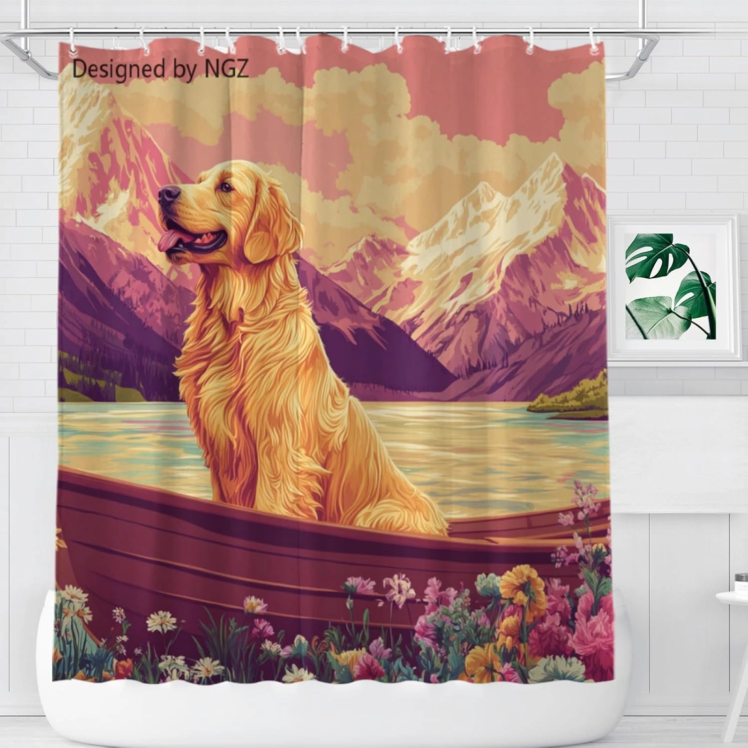 Pink Golden Retriever Shower Curtain, Mountain and Lake Art Painting Curtain, 72x72 Inches Shower Curtains for Bathroom, Snow Fabric Bath Curtains Set with 12 Hooks