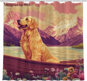 Pink Golden Retriever Shower Curtain, Mountain and Lake Art Painting Curtain, 72x72 Inches Shower Curtains for Bathroom, Snow Fabric Bath Curtains Set with 12 Hooks