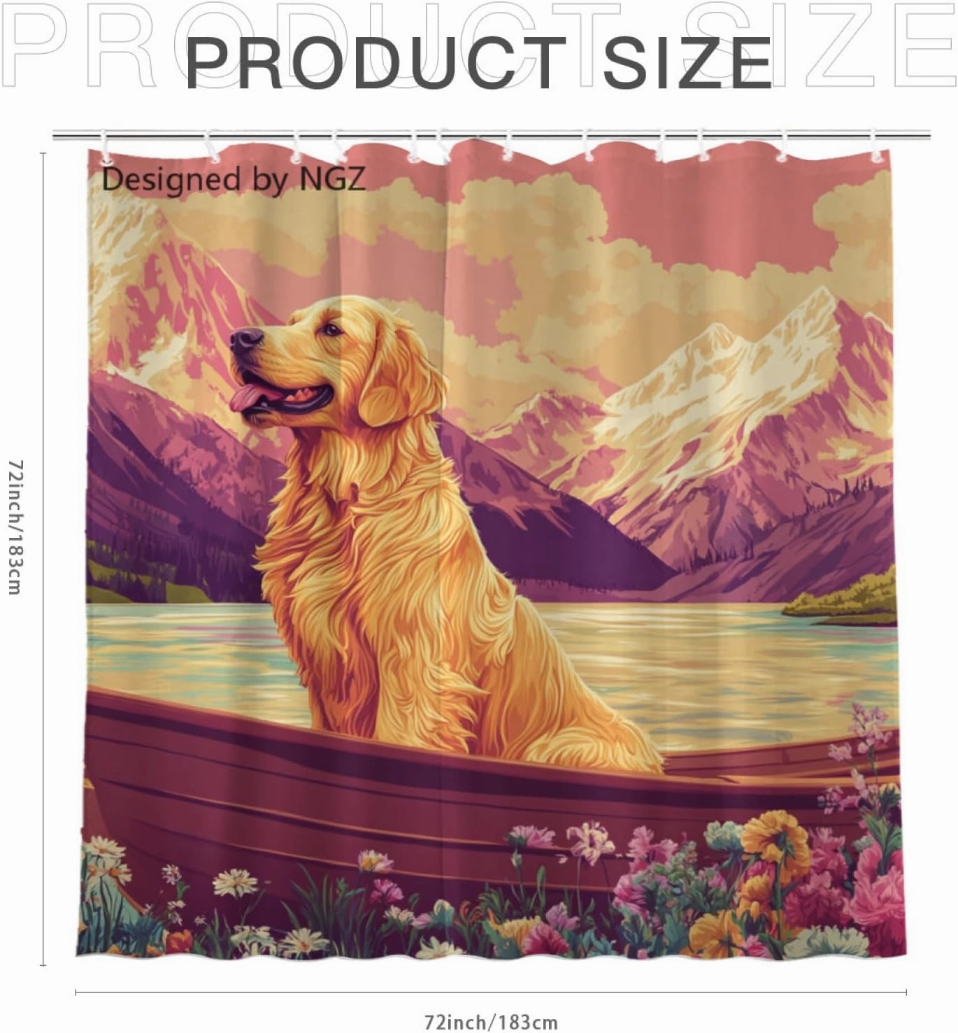 Pink Golden Retriever Shower Curtain, Mountain and Lake Art Painting Curtain, 72x72 Inches Shower Curtains for Bathroom, Snow Fabric Bath Curtains Set with 12 Hooks
