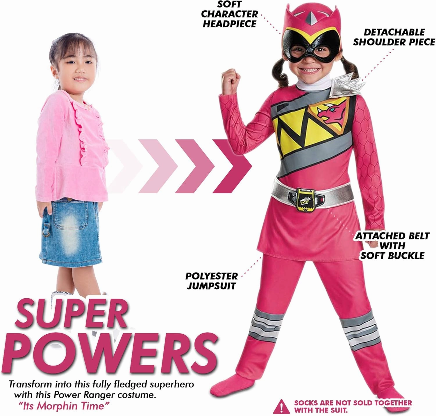 Pink Power Rangers Costume for Toddlers. Official Licensed Pink Ranger Dino Charge Classic Power Ranger Suit with Mask