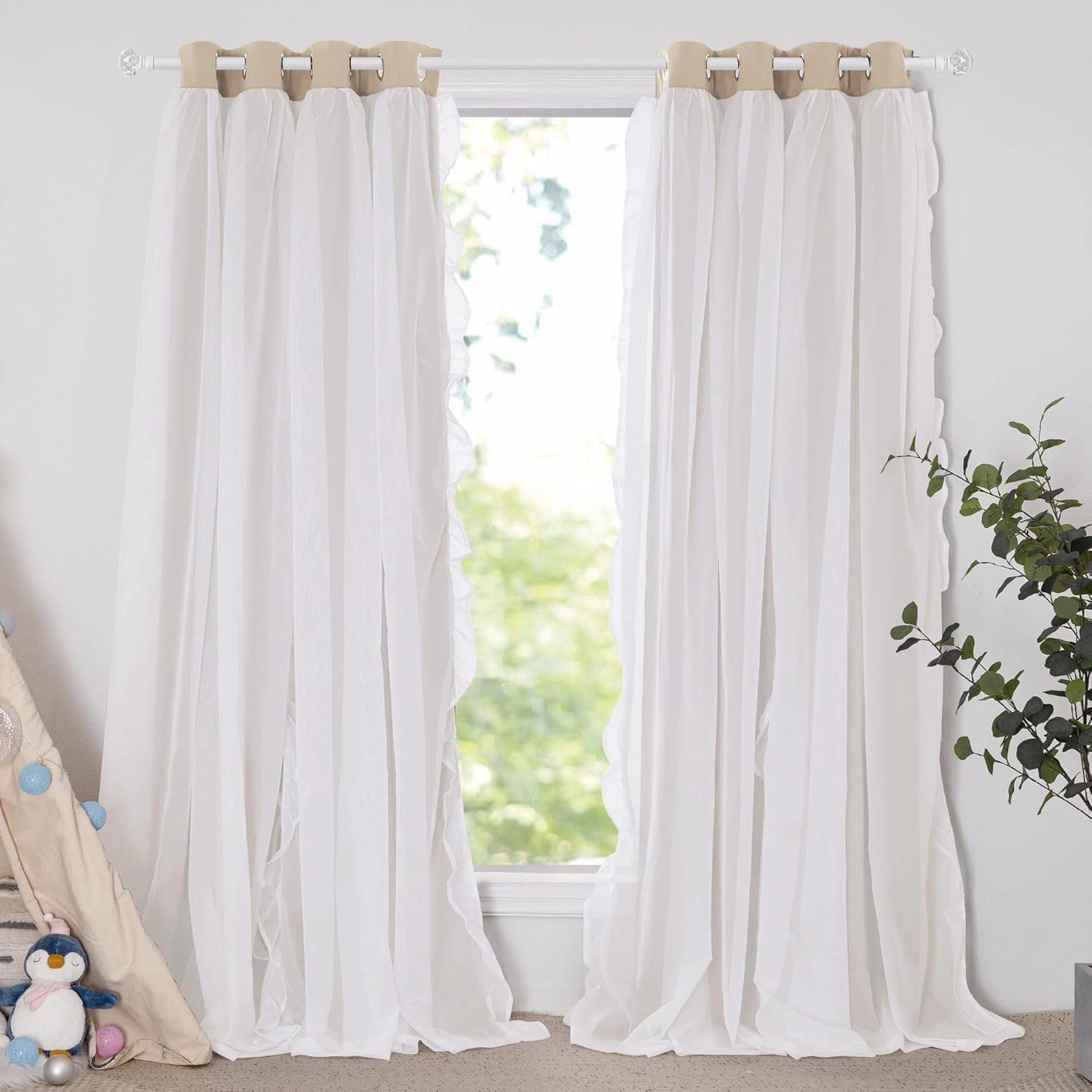 PONY DANCE Girls Curtains for Bedroom Decorative Drapes for Kids Double Layer Curtain Ruffle Sheer Overlay Room Darkening Pretty Chic Princess, 52x84 inch, Biscotti Beige, 2 PCs