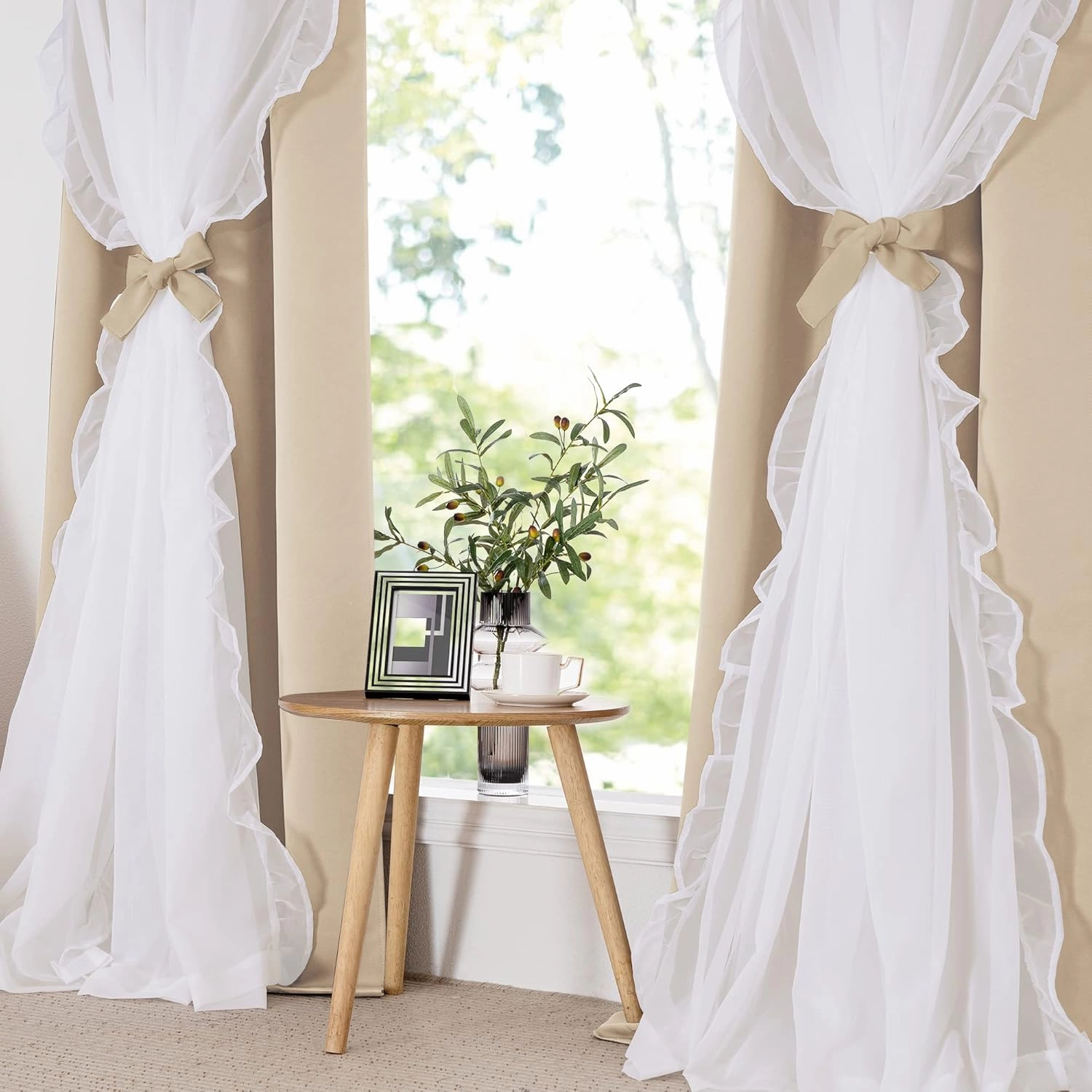 PONY DANCE Girls Curtains for Bedroom Decorative Drapes for Kids Double Layer Curtain Ruffle Sheer Overlay Room Darkening Pretty Chic Princess, 52x84 inch, Biscotti Beige, 2 PCs