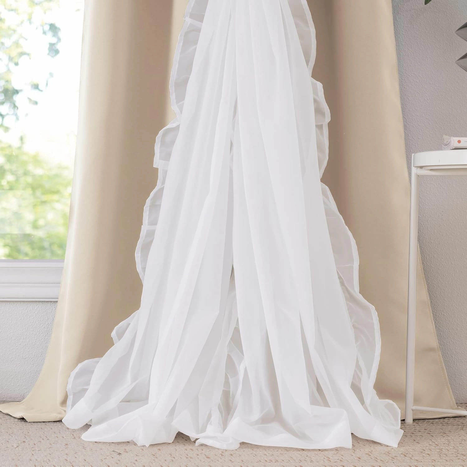 PONY DANCE Girls Curtains for Bedroom Decorative Drapes for Kids Double Layer Curtain Ruffle Sheer Overlay Room Darkening Pretty Chic Princess, 52x84 inch, Biscotti Beige, 2 PCs