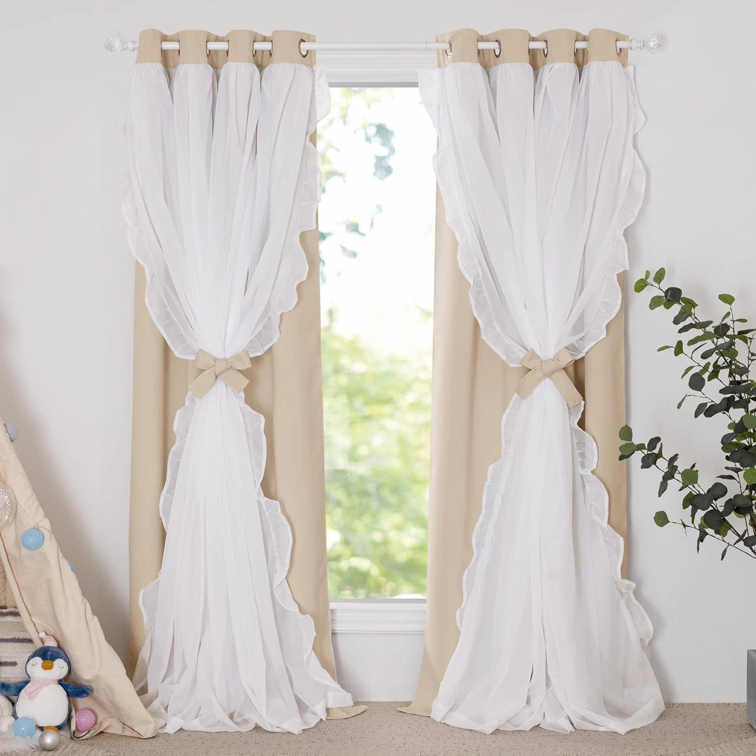 PONY DANCE Girls Curtains for Bedroom Decorative Drapes for Kids Double Layer Curtain Ruffle Sheer Overlay Room Darkening Pretty Chic Princess, 52x84 inch, Biscotti Beige, 2 PCs