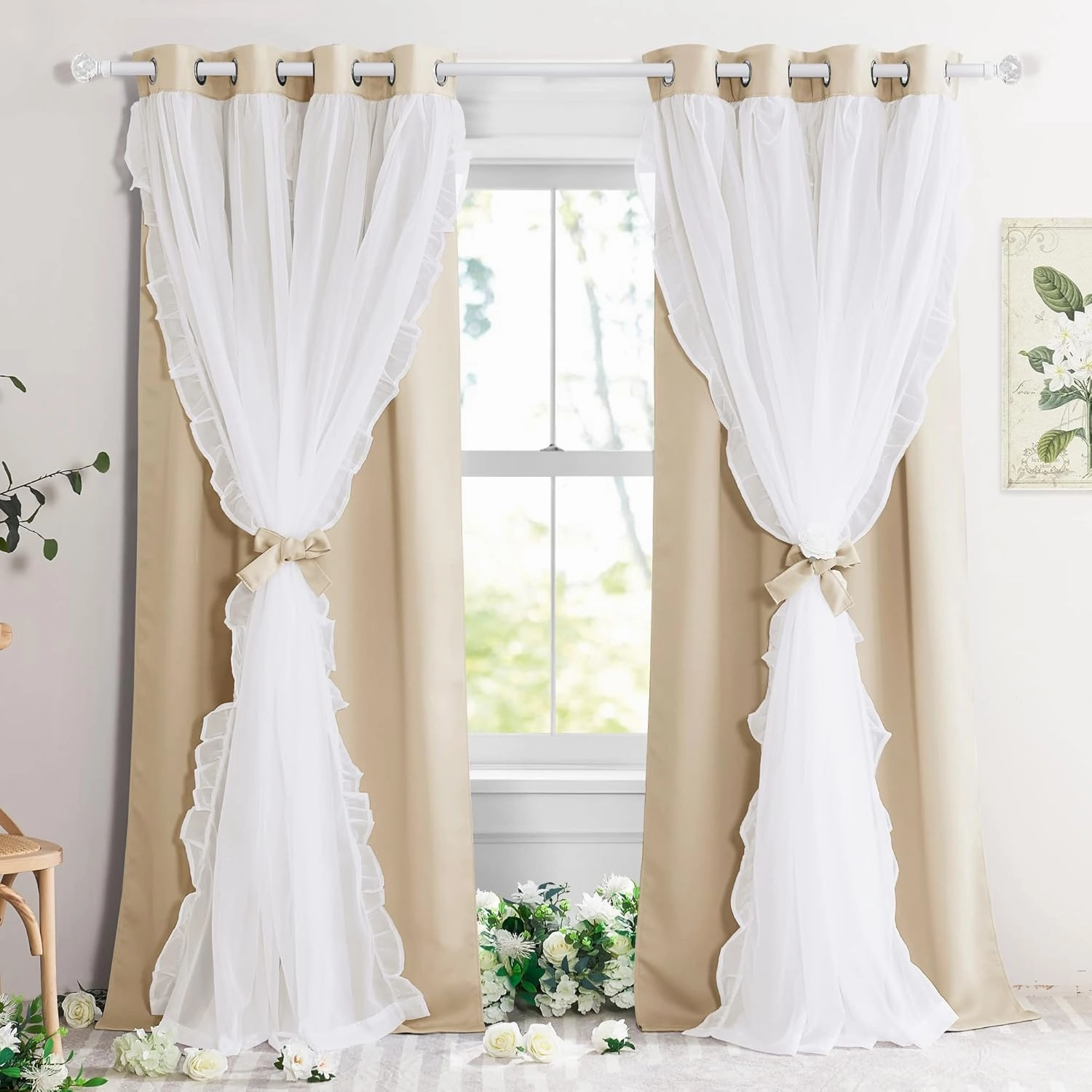 PONY DANCE Girls Curtains for Bedroom Decorative Drapes for Kids Double Layer Curtain Ruffle Sheer Overlay Room Darkening Pretty Chic Princess, 52x84 inch, Biscotti Beige, 2 PCs