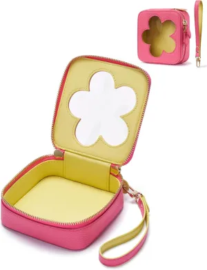 Popvibe Small Clear Makeup Bag Women Mini Cosmetic Bag for Purse Makeup Pouch Travel Cute Makeup Tiny Bag for Toiletry Square Make Up Bag Car Organizer Essentials Bag, Hot Pink & Yellow Flower