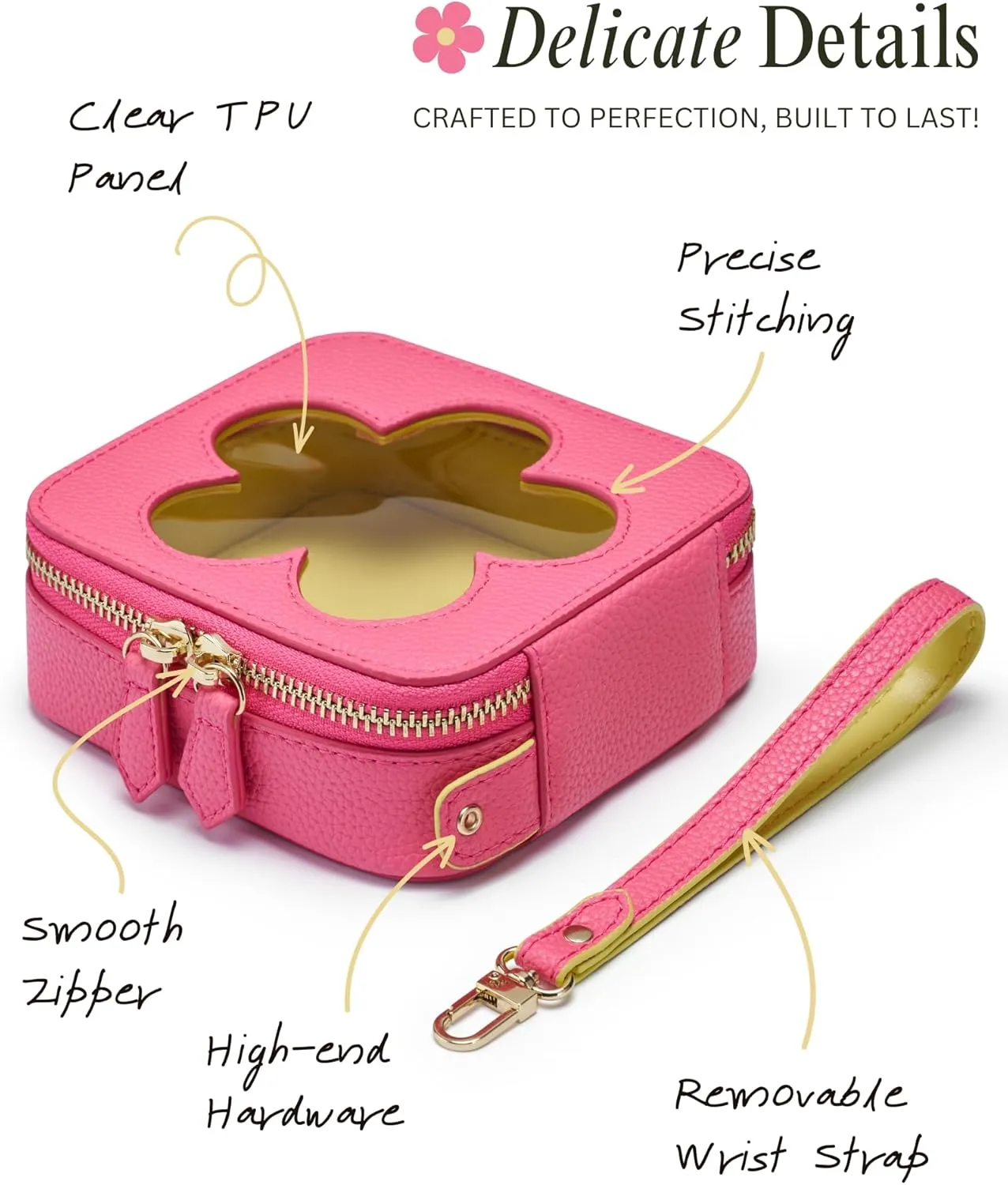 Popvibe Small Clear Makeup Bag Women Mini Cosmetic Bag for Purse Makeup Pouch Travel Cute Makeup Tiny Bag for Toiletry Square Make Up Bag Car Organizer Essentials Bag, Hot Pink & Yellow Flower