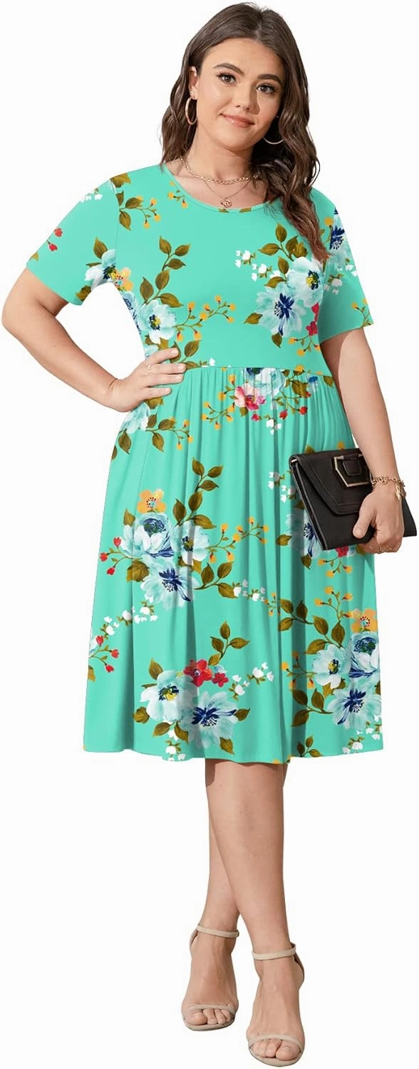 POSESHE Womens Plus Size Summer Dress 2025 Casual Short Sleeve Empire Waist Loose Fit Swing T-Shirt Dress with Pockets