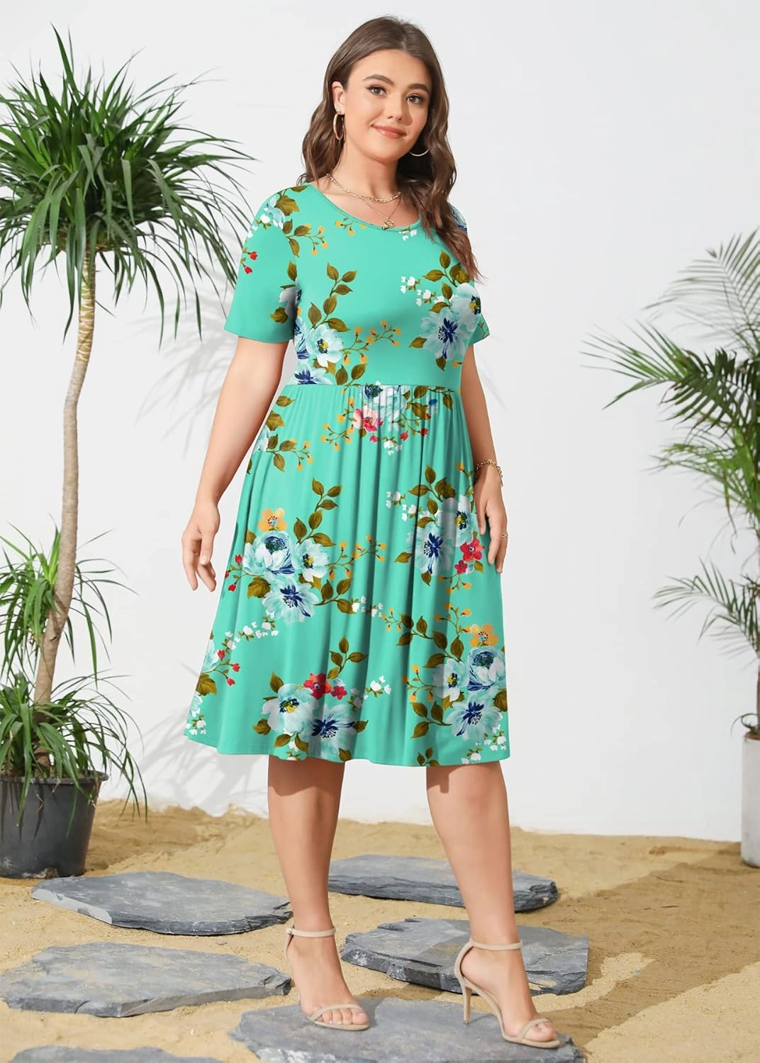 POSESHE Womens Plus Size Summer Dress 2025 Casual Short Sleeve Empire Waist Loose Fit Swing T-Shirt Dress with Pockets