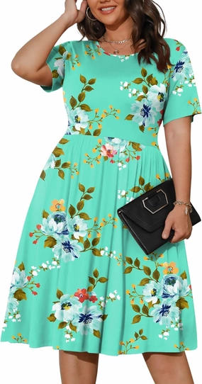 POSESHE Womens Plus Size Summer Dress 2025 Casual Short Sleeve Empire Waist Loose Fit Swing T-Shirt Dress with Pockets