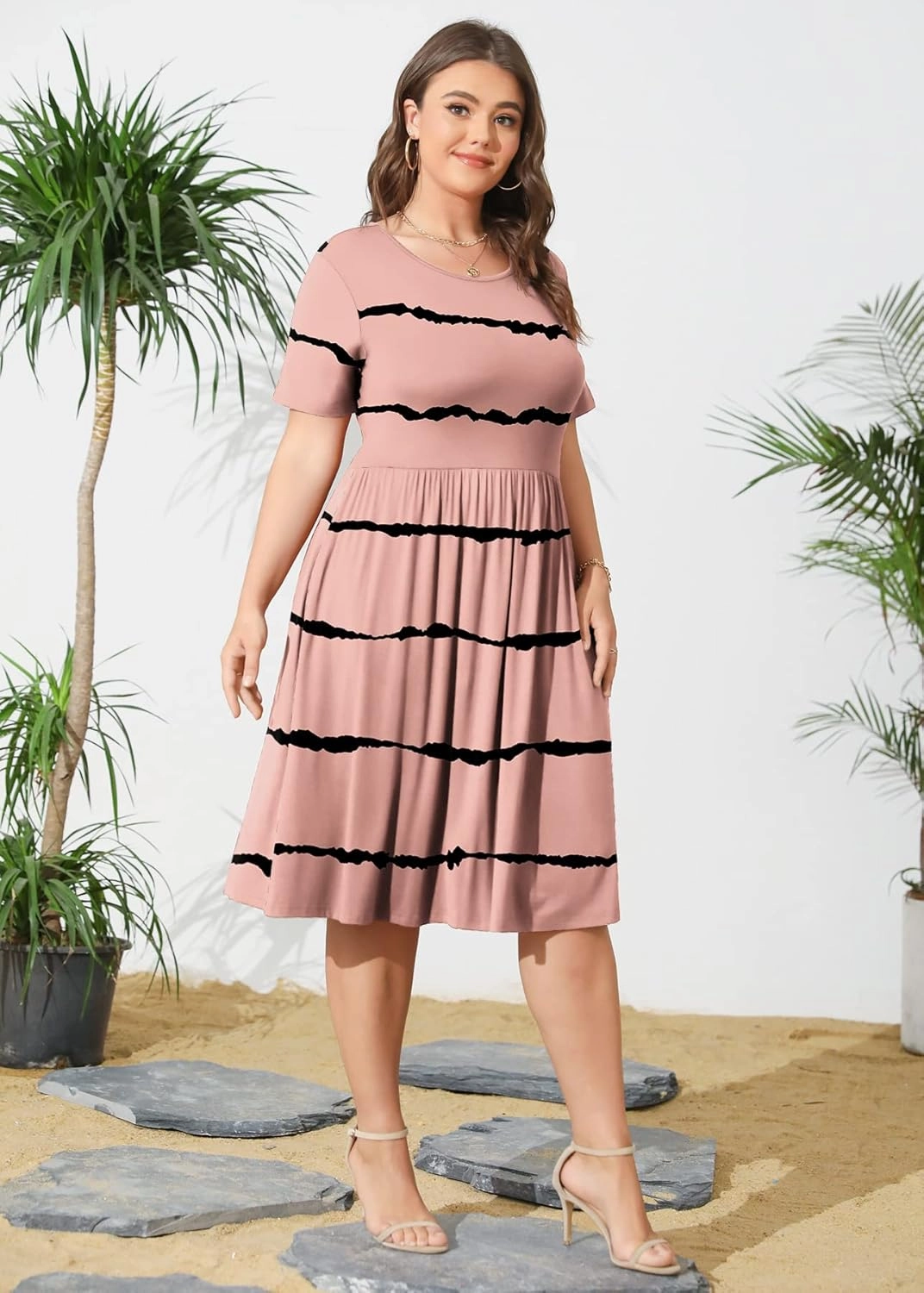 POSESHE Womens Plus Size Summer Dress 2025 Casual Short Sleeve Empire Waist Loose Fit Swing T-Shirt Dress with Pockets