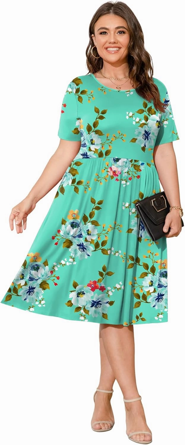 POSESHE Womens Plus Size Summer Dress 2025 Casual Short Sleeve Empire Waist Loose Fit Swing T-Shirt Dress with Pockets