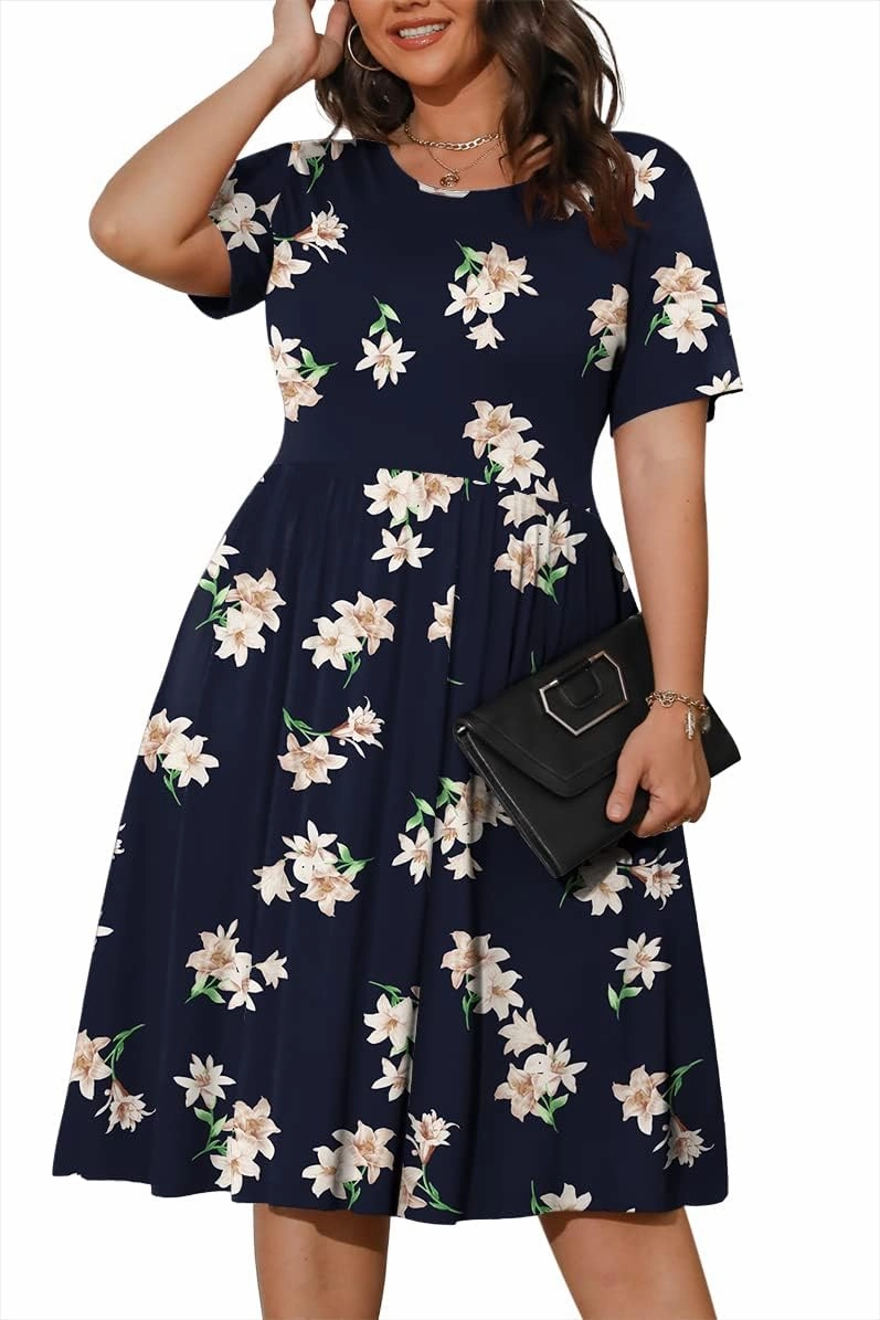 POSESHE Womens Plus Size Summer Dress 2025 Casual Short Sleeve Empire Waist Loose Fit Swing T-Shirt Dress with Pockets