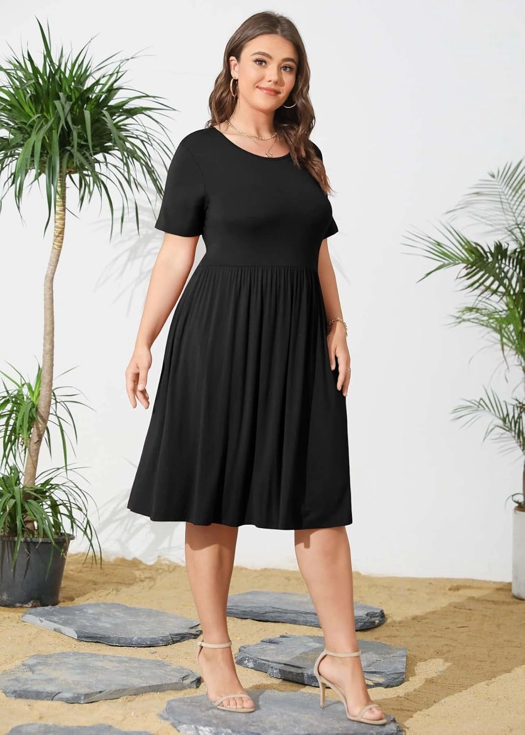 POSESHE Womens Plus Size Summer Dress 2025 Casual Short Sleeve Empire Waist Loose Fit Swing T-Shirt Dress with Pockets