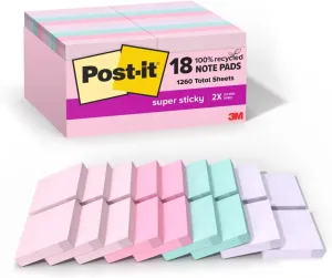 Post-it 100% Recycled Paper Super Sticky Notes, 18 Sticky Note Pads, 1 7/8 in. x 1 7/8 in., Wanderlust Pastels, School Supplies and Office Products