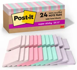 Post-it 100% Recycled Paper Super Sticky Notes, 2X The Sticking Power, 3x3 in, 24 Pads/Pack, 70 Sheets/Pad, Wanderlust Pastels Collection (654R-24SSNRPCP)
