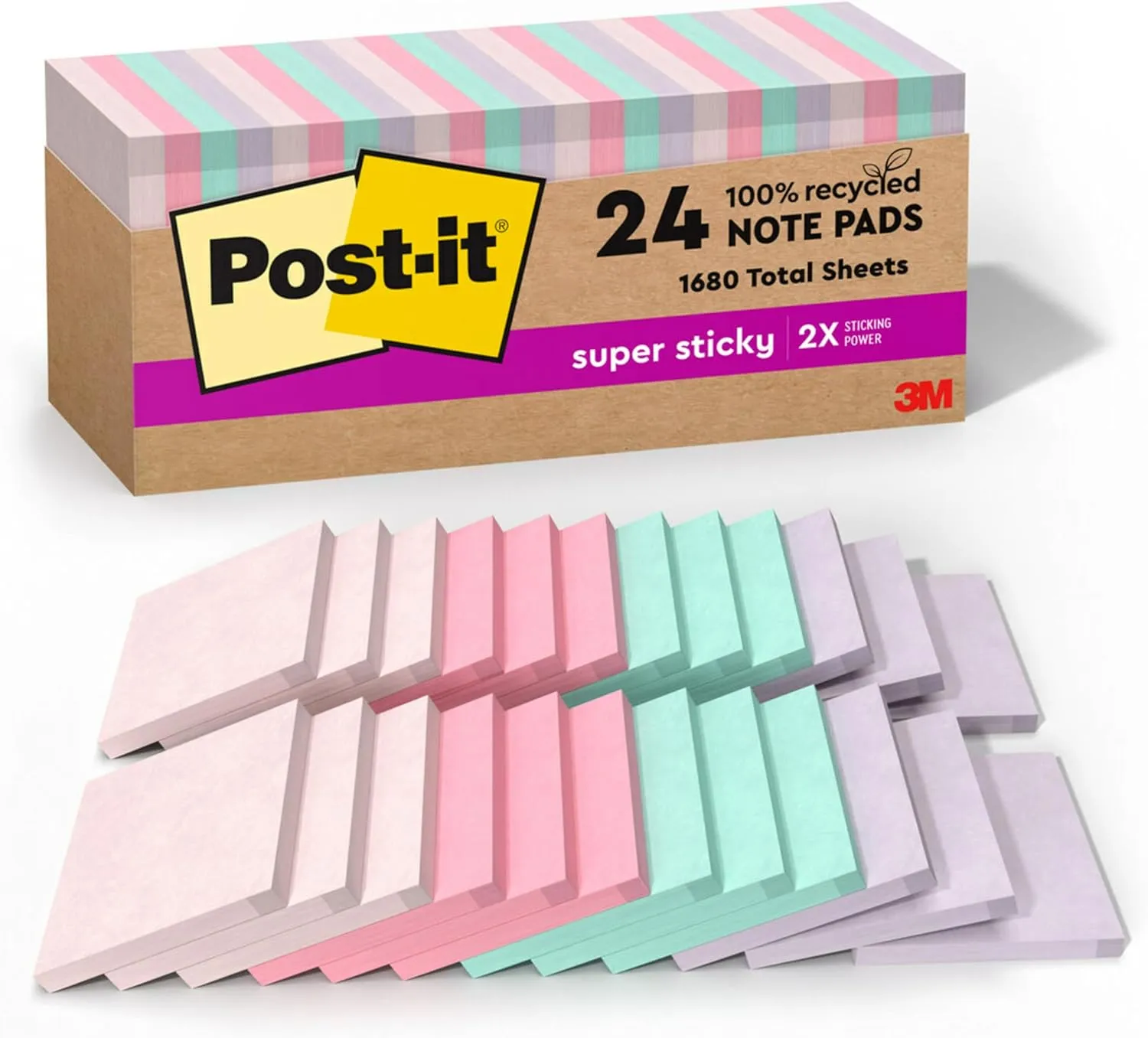 Post-it 100% Recycled Paper Super Sticky Notes, 2X The Sticking Power, 3x3 in, 24 Pads/Pack, 70 Sheets/Pad, Wanderlust Pastels Collection (654R-24SSNRPCP)