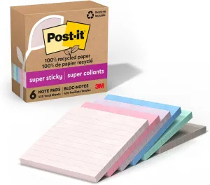 Post-it 100% Recycled Paper Super Sticky Notes, Lined, 4 in. x 4 in., 6 Pads, 70 Sheets per Pad, Wanderlust Pastels, School Supplies and Office Products