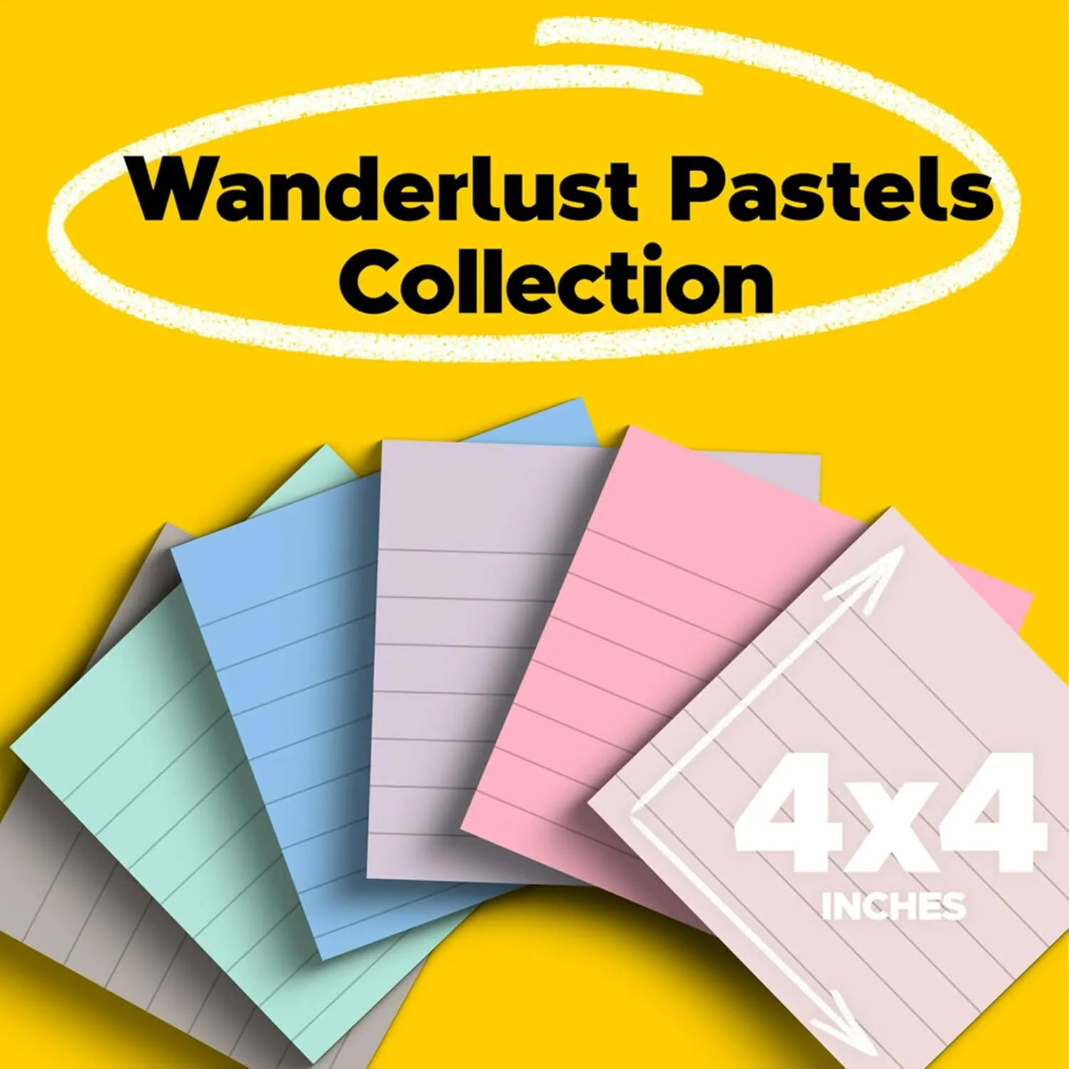 Post-it 100% Recycled Paper Super Sticky Notes, Lined, 4 in. x 4 in., 6 Pads, 70 Sheets per Pad, Wanderlust Pastels, School Supplies and Office Products
