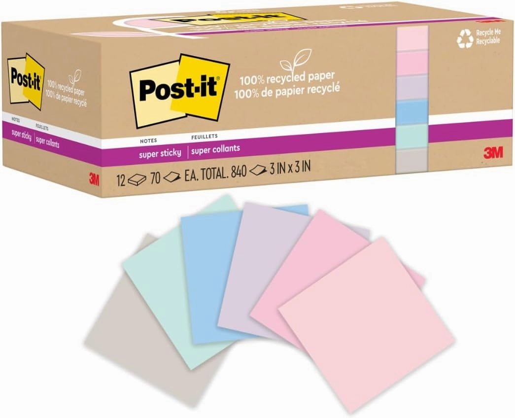 Post-it 100% Recycled Paper Super Sticky Notes, 2X The Sticking Power, 3x3 in, 12 Pads/Pack, 70 Sheets/Pad, Wanderlust Pastels Collection