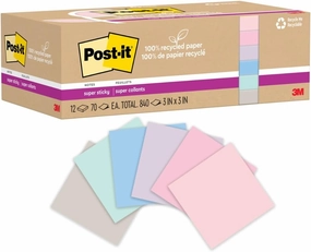 Post-it 100% Recycled Paper Super Sticky Notes, 2X The Sticking Power, 3x3 in, 12 Pads/Pack, 70 Sheets/Pad, Wanderlust Pastels Collection