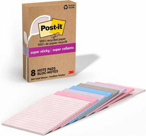 Post-it 100% Recycled Paper Super Sticky Notes, Lined, 4 in. x 6 in., 8 Pads, 45 Sheets per Pad, Wanderlust Pastels, School Supplies and Office Products