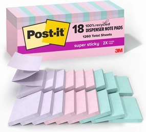 Post-it 100% Recycled Paper Super Sticky Pop-up Notes, 18 Sticky Note Pads, 3 in. x 3 in.,Wanderlust Pastels, School Supplies and Office Products