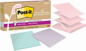 Post-it 100% Recycled Paper Super Sticky Pop-up Notes, 2X The Sticking Power, 3x3 in, 6 Pads/Pack, Wanderlust Pastels Collection