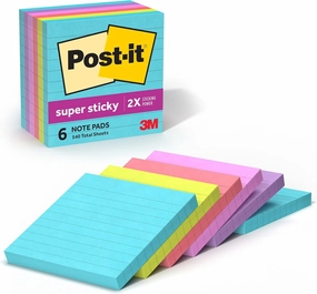 Post-it Super Sticky Notes, 4x4 in, 6 Pads, 2X The Sticking Power, Supernova Neons, Bright Colors, Recyclable (675-6SSMIA)