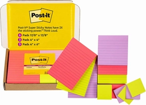 Post-it Super Sticky Notes, Bright Color Collection (Pink, Purple, Green), 12 Pads/Pack, 90 Sheets/Pad, Assorted Sizes (4642-12SSMX)