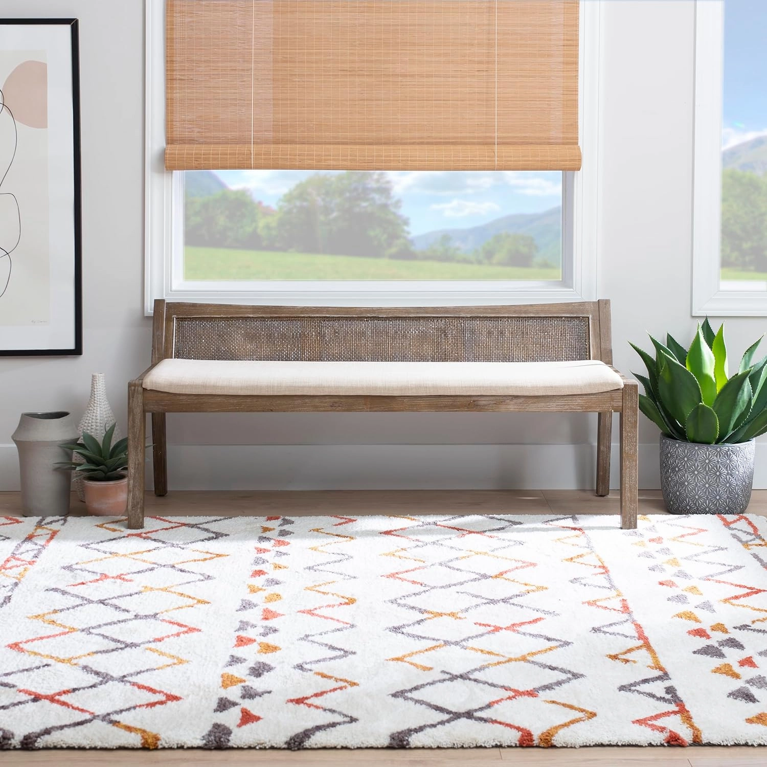 Powell Kasi Brown Low Back Cane Bench with Beige Upholstered Seat