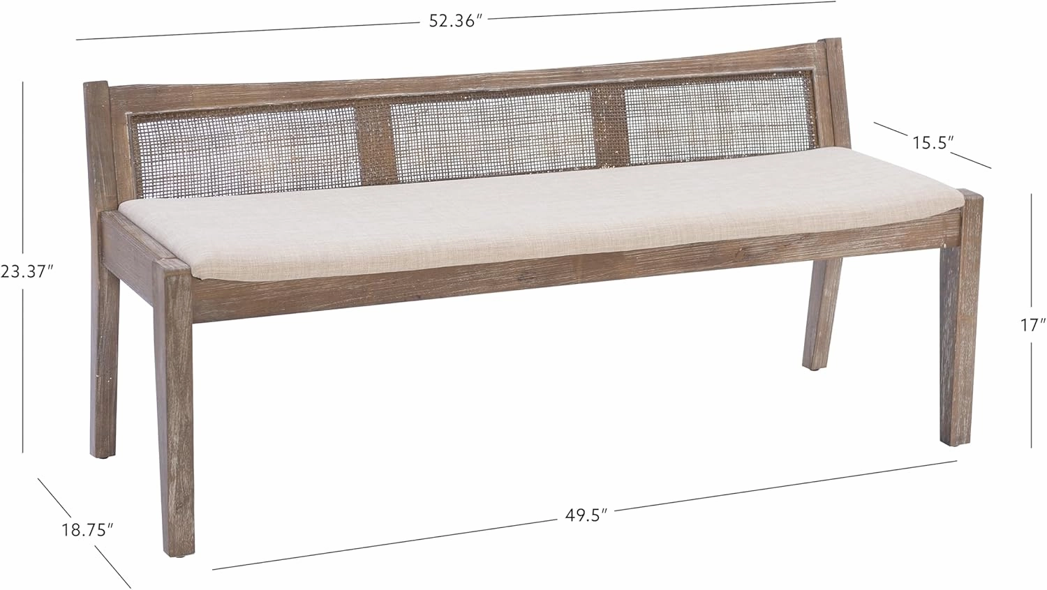 Powell Kasi Brown Low Back Cane Bench with Beige Upholstered Seat